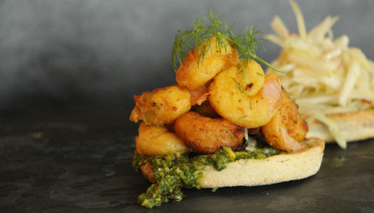 Dill “Pakora” Shrimp & Pistachio Dill Pesto