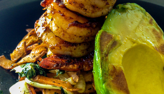 Shrimp, Sweet Potato- Bok Choy Hash and Avocado